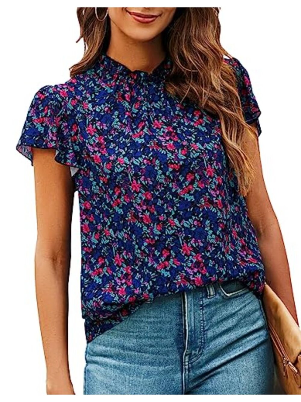 Women's Boho Ruffle Short Sleeve Blouse, Floral Peasant Top